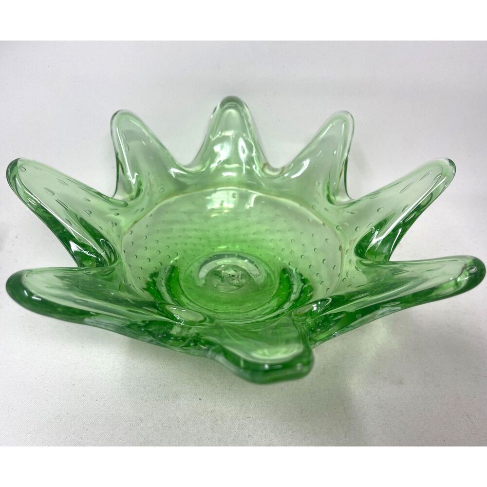 Murano Italy Green Bullicante Controlled Bubble Art Glass Dish Bowl Ashtray Star